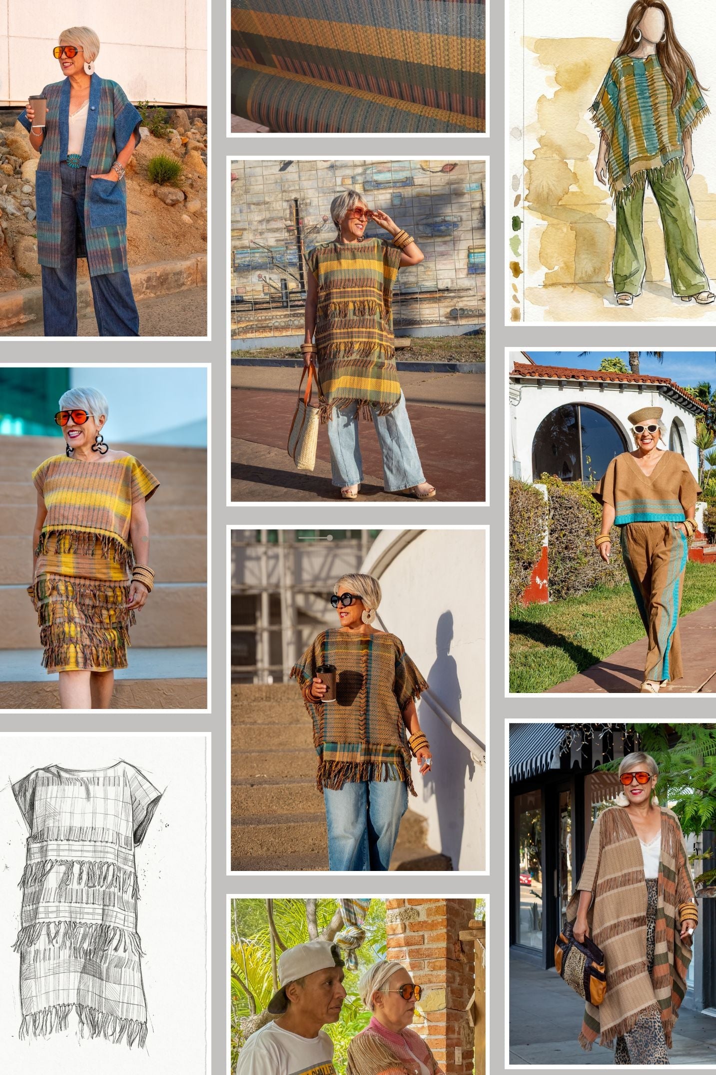 Collage de varias prendas disponibles en la tienda en línea, así como imagenes del textil y de los bocetos de algunos diseños.