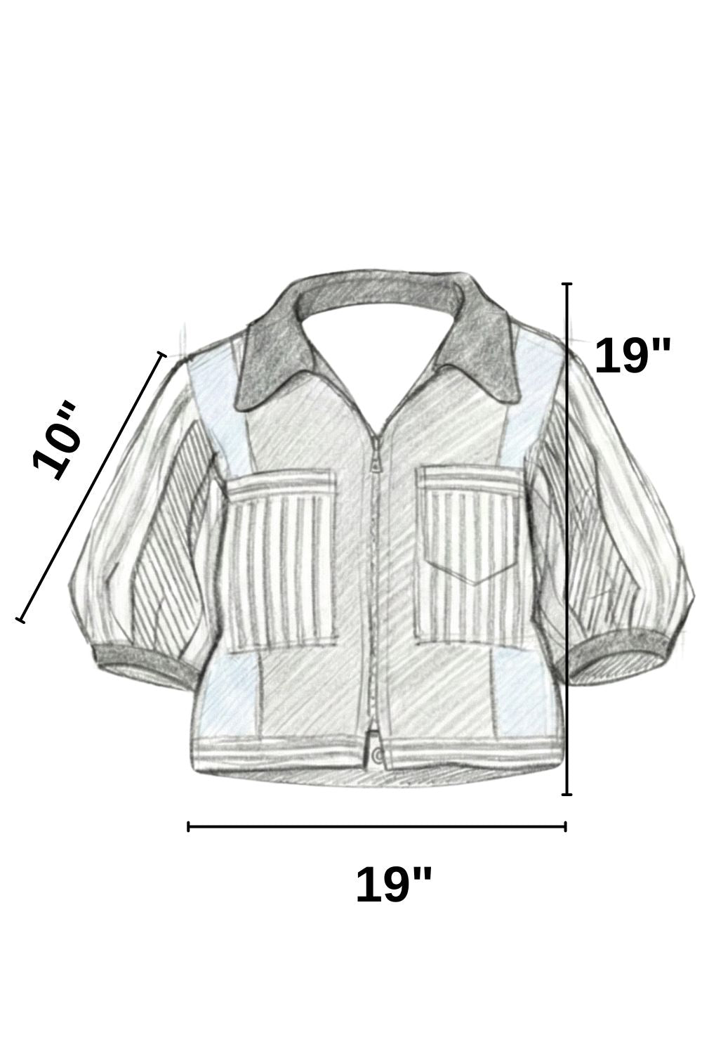Boceto de diseño de la chamarra Nexo con sus medidas.