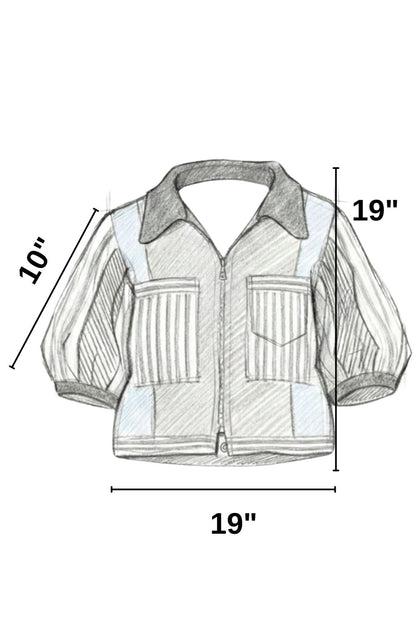 Boceto de diseño de la chamarra Nexo con sus medidas.
