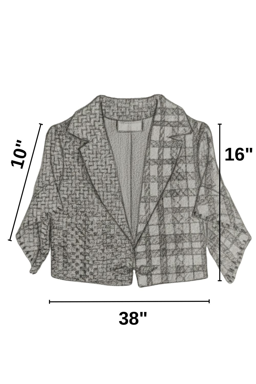 Boceto del diseño del Saco Nexo con sus medidas.