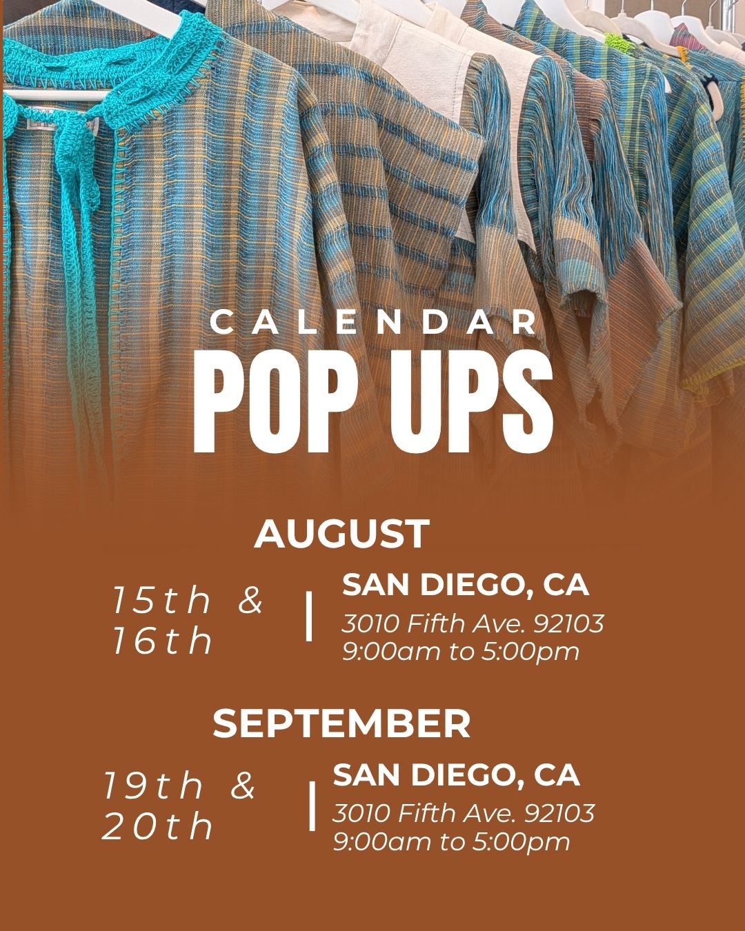 Calendario con las siguientes fechas del Pop Up que tendrá lugar Agosto y Septiembre en San Diego CA