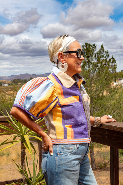 Chamarra con textil artesanal tejido en telar de pedal. Diseño original de Nativa de Corazón. Pieza única.